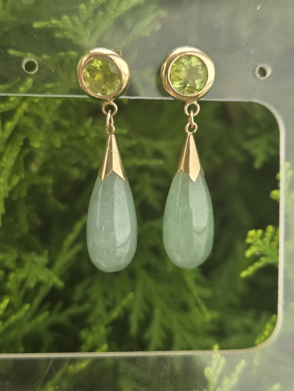14k Gold Green Jade Teardrop Dangle Earrings With Peridot